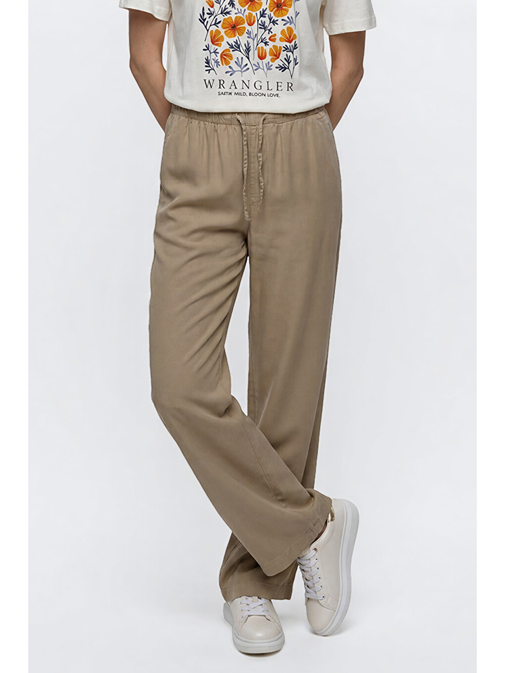 Bej Yumuşak Dokulu Wide Leg Fit Normal Bel Cepli Esnek Pantolon-3
