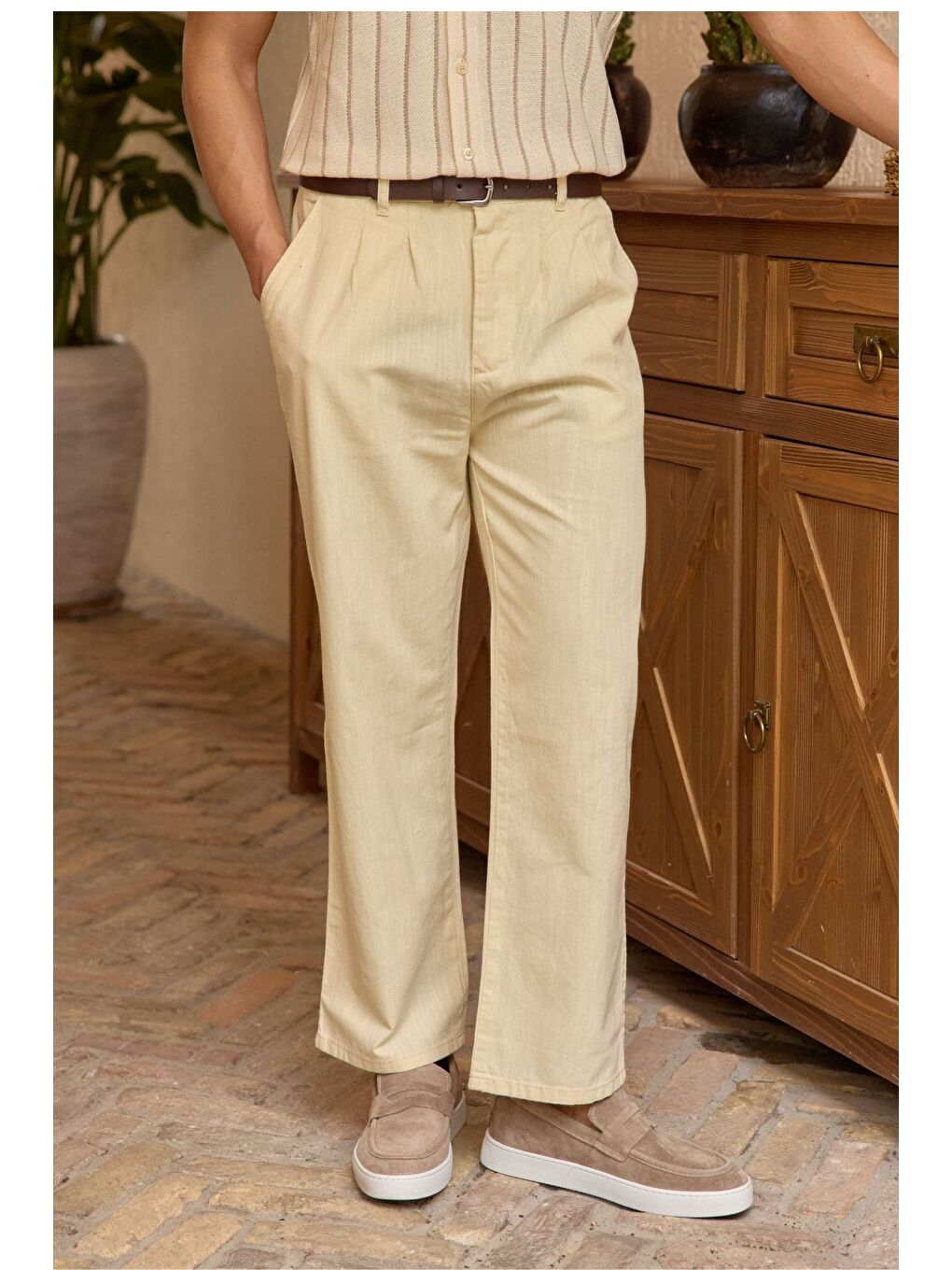 Bej Boso Erkek Çift Pileli Keten Baggy Pantolon-1