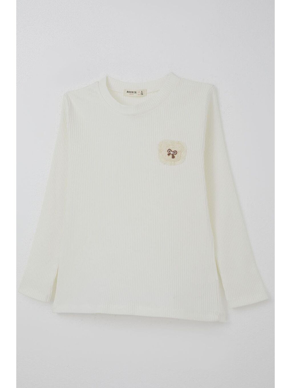 Kız Çocuk Uzun Kollu Tişört Arma Detaylı Düz Renk Ekru (5-10 Yaş)-2