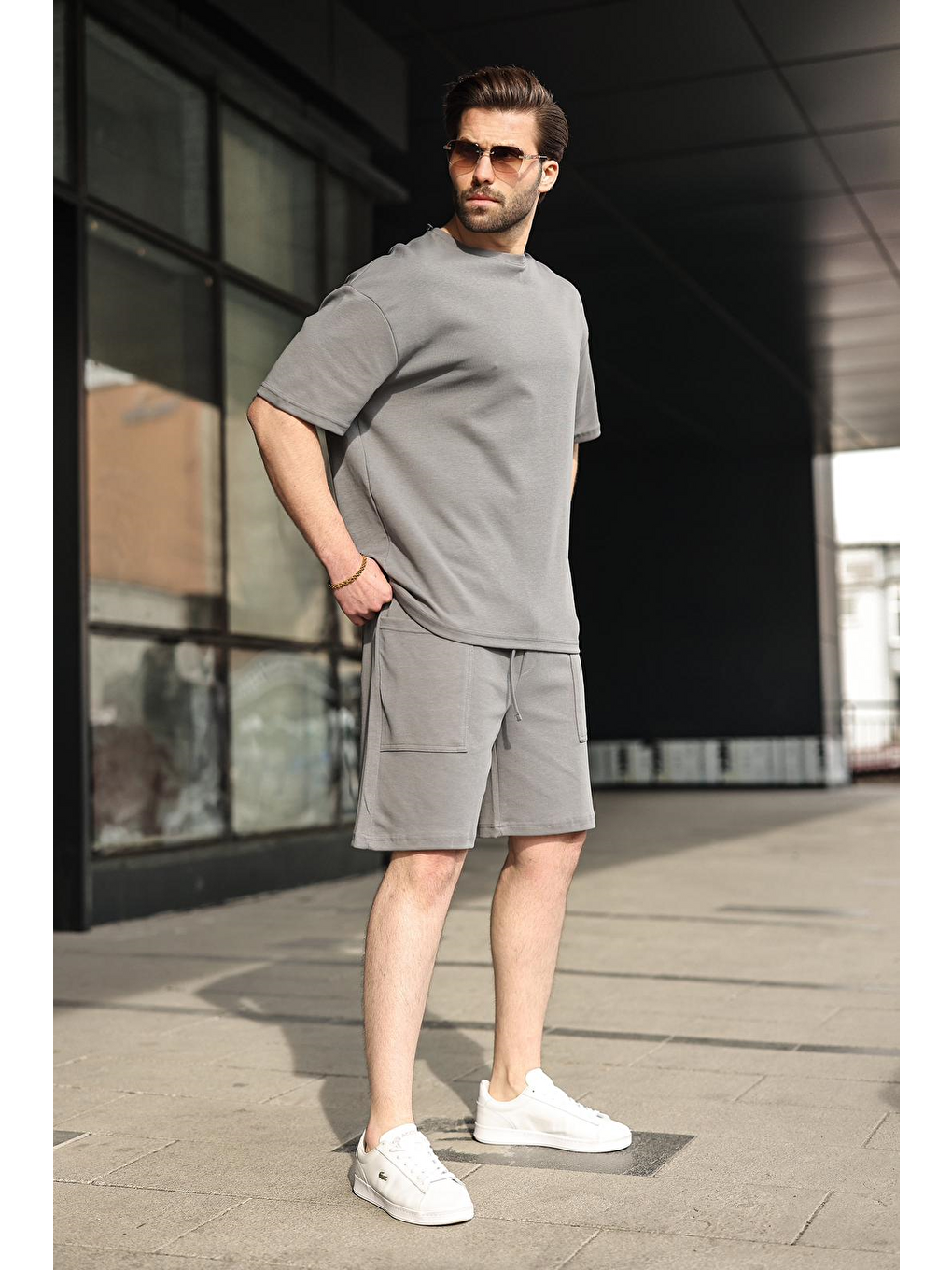 Gri Füme Bisiklet Yaka Oversize Erkek Şort T-Shirt Takım E7355-5