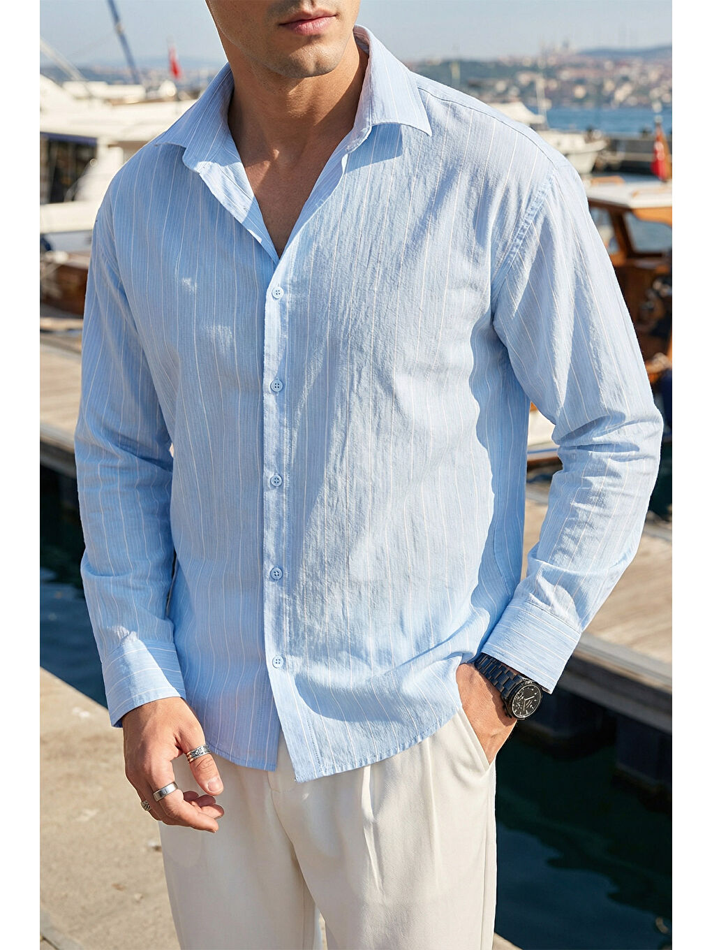 Mavi Arkit Erkek Çizgili Viskon Oversize Gömlek-6