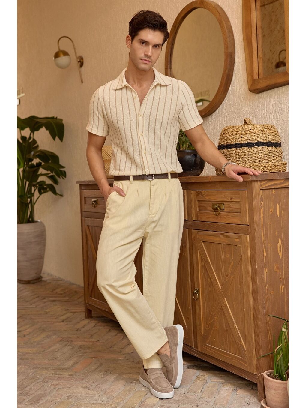 Bej Boso Erkek Çift Pileli Keten Baggy Pantolon-2