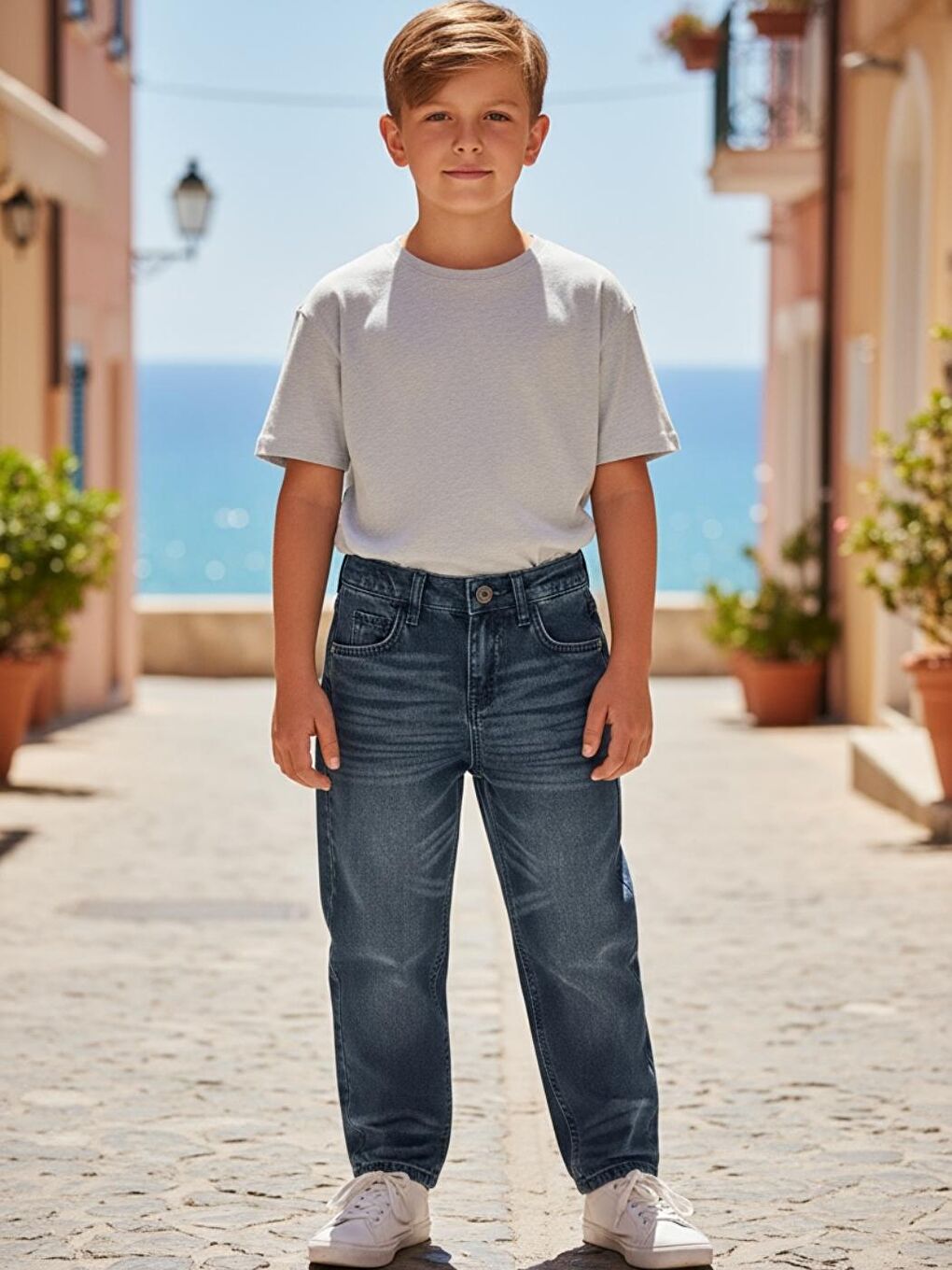 Gri Erkek Çocuk Boyfriend Mom Fit Standart Paça Jean Pantolon-1