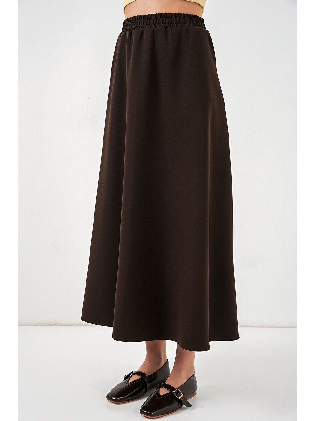 Kadın Beli Lastikli Uzun Etek 8072 - Kahverengi-1
