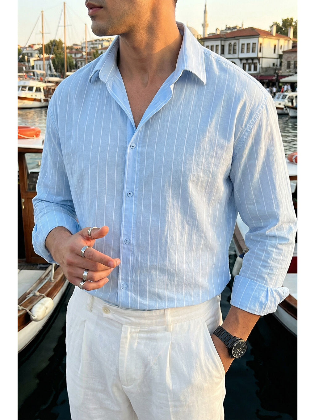 Mavi Arkit Erkek Çizgili Viskon Oversize Gömlek-7