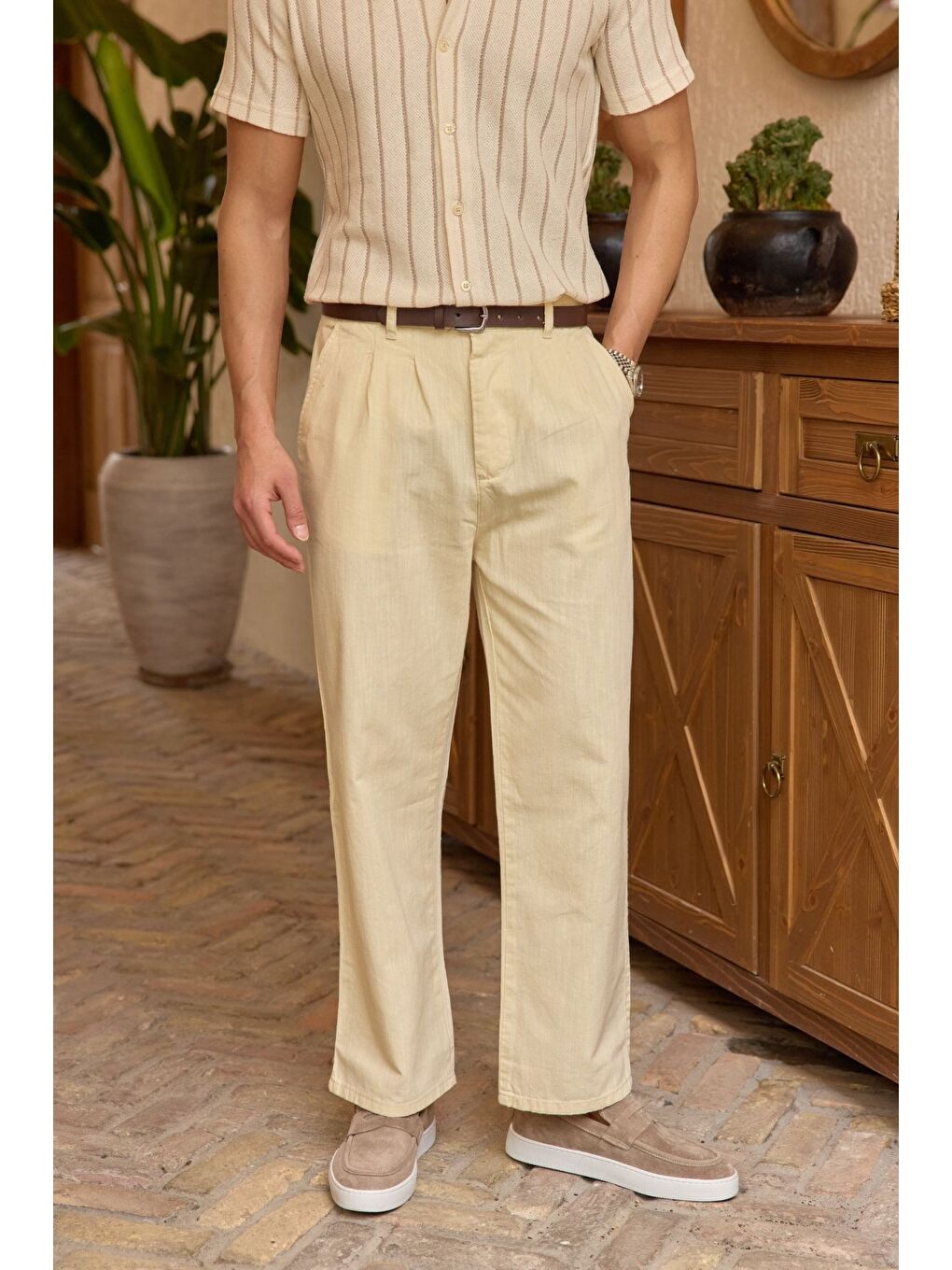 Bej Boso Erkek Çift Pileli Keten Baggy Pantolon-3