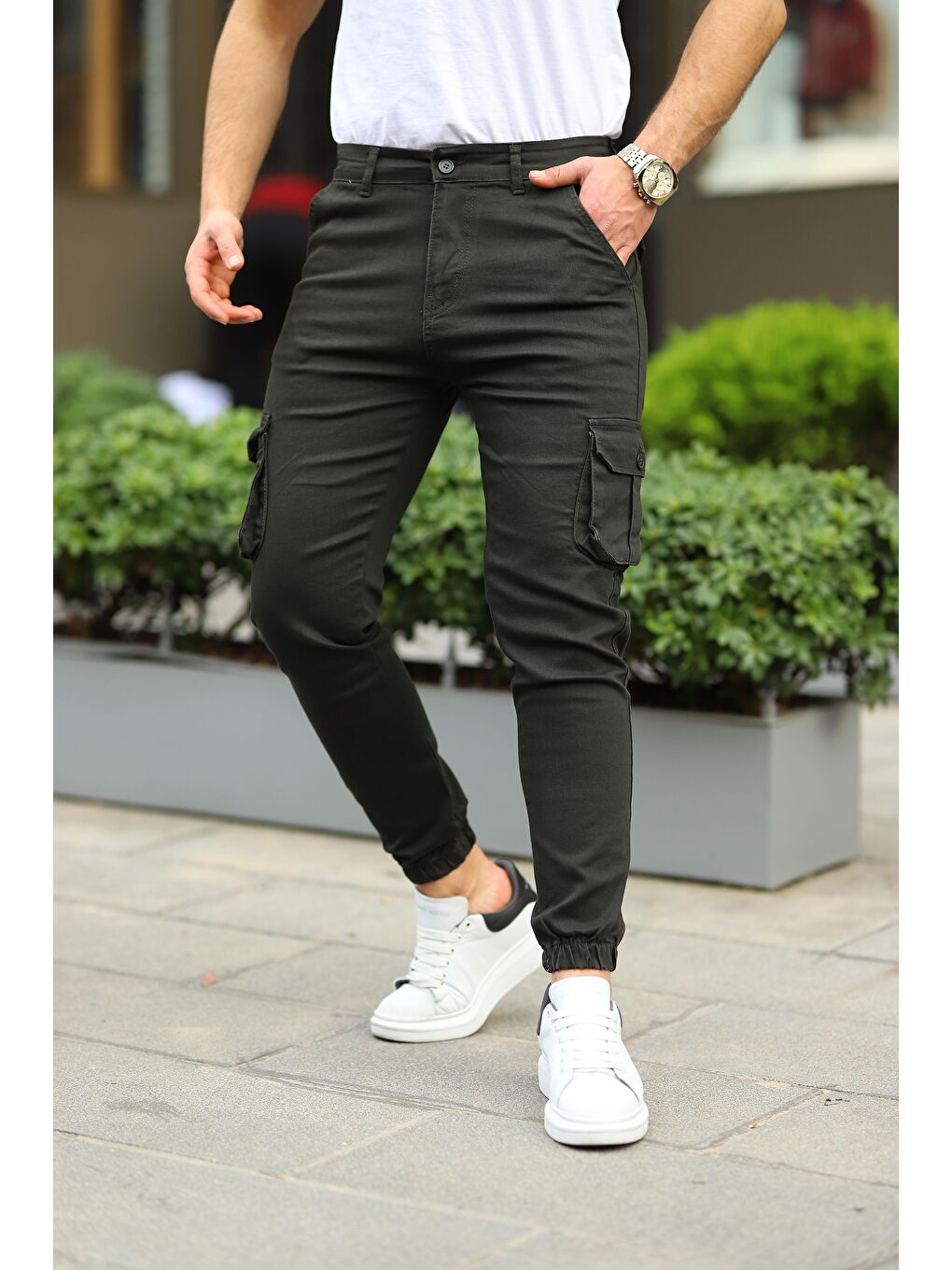 Haki Bel Kemerli Körüklü Jogger Paça Lastikli Erkek Pantolon