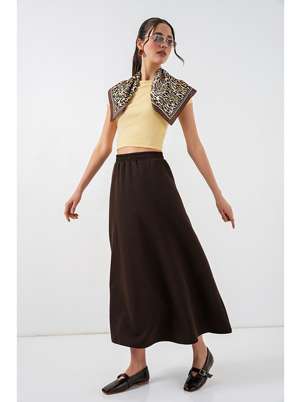 Kadın Beli Lastikli Uzun Etek 8072 - Kahverengi-2