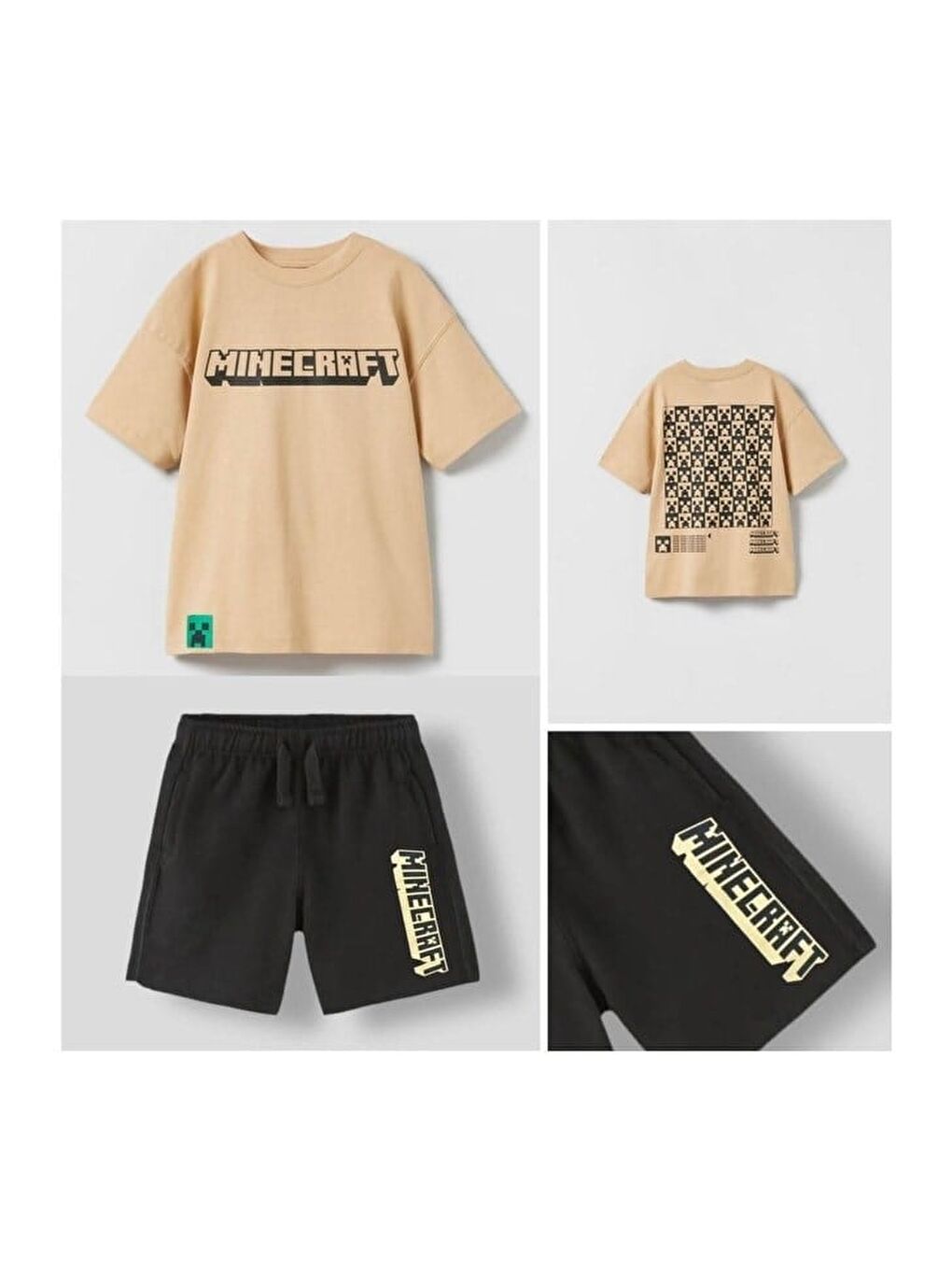 Karışık Erkek Çocuk Pamuklu Bej Piksel Oyun Temalı T-Shirt Şort Takım-1