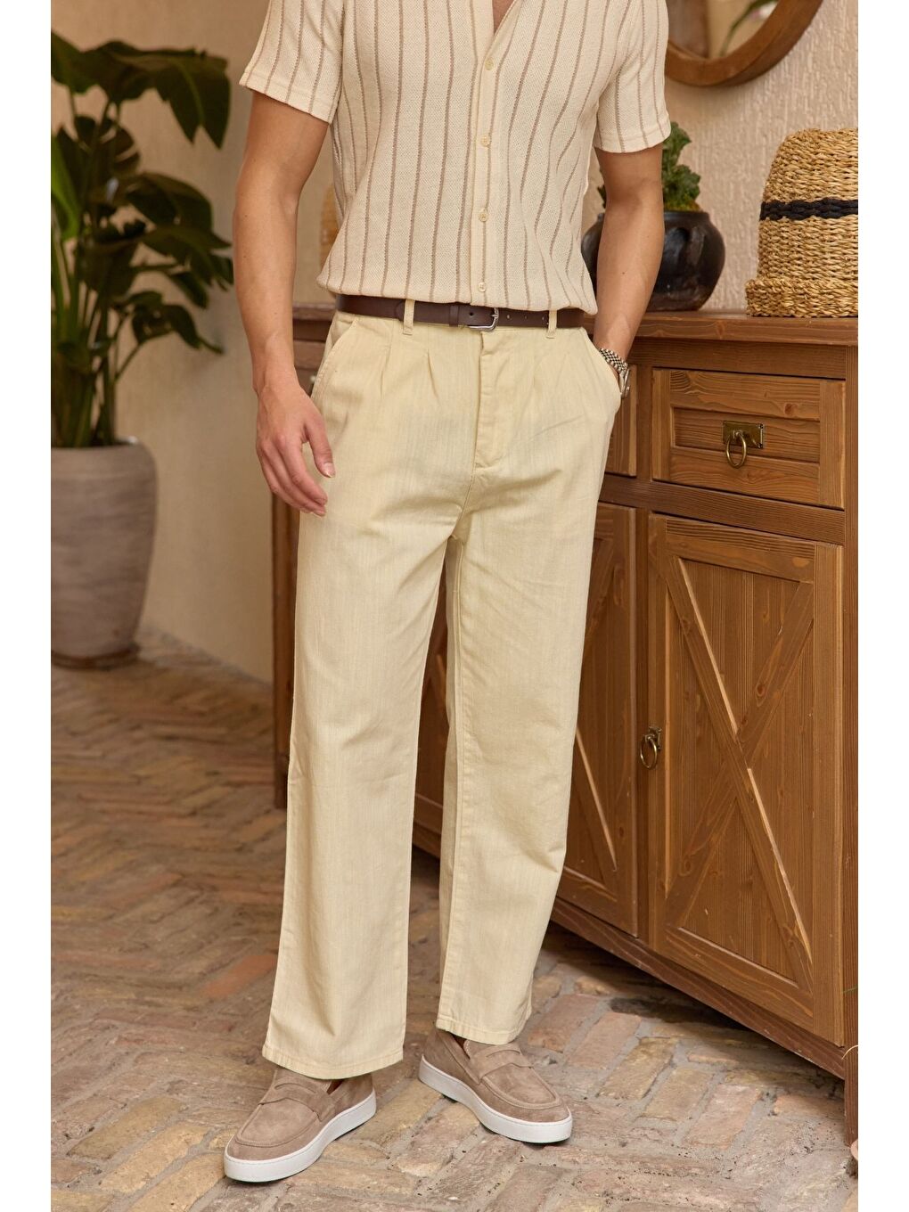 Bej Boso Erkek Çift Pileli Keten Baggy Pantolon-4