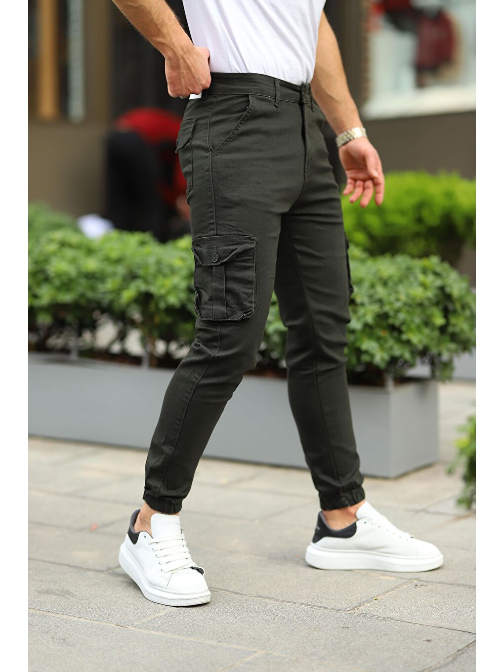 Haki Bel Kemerli Körüklü Jogger Paça Lastikli Erkek Pantolon-1