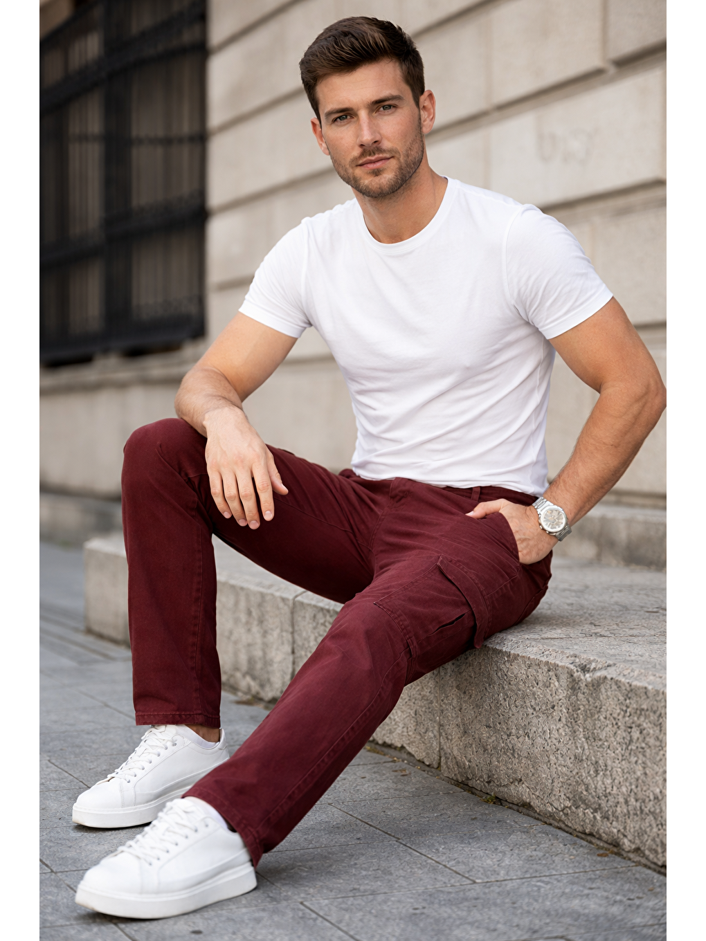 Kahverengi Erkek Kargo Cepli Pamuklu Kiremit Baggy Pantolon-4