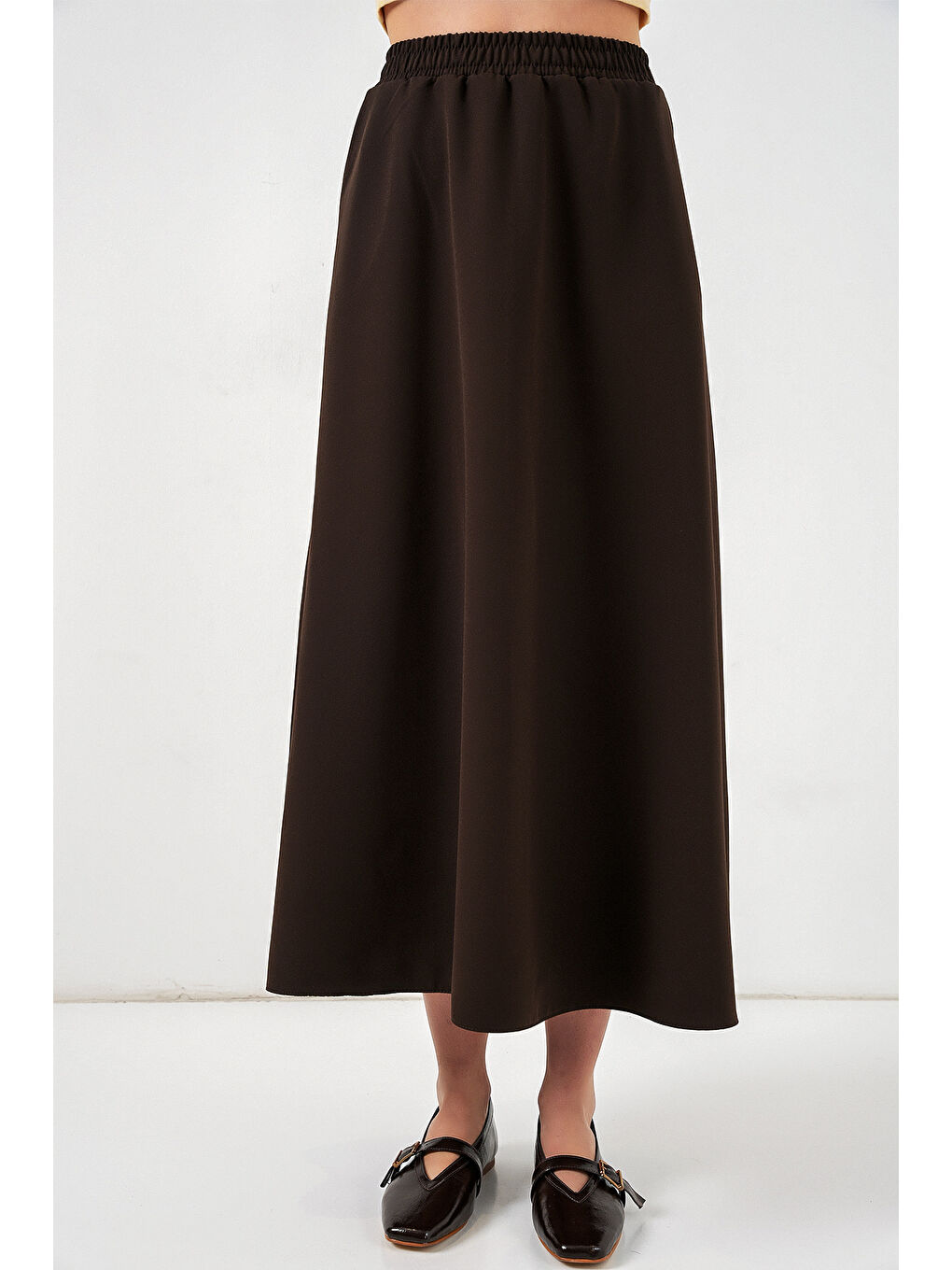 Kadın Beli Lastikli Uzun Etek 8072 - Kahverengi-3