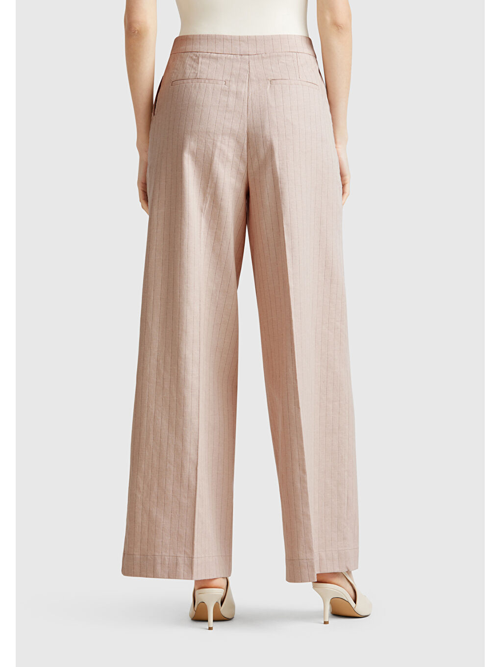 Kadın Bej Pamuk ve Keten Karışımlı İnce Çizgili Palazzo Pantolon-2