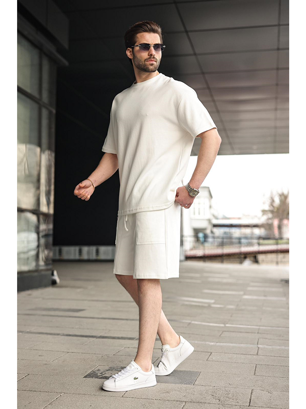 Ekru Bisiklet Yaka Oversize Erkek Şort T-Shirt Takım E7355-1