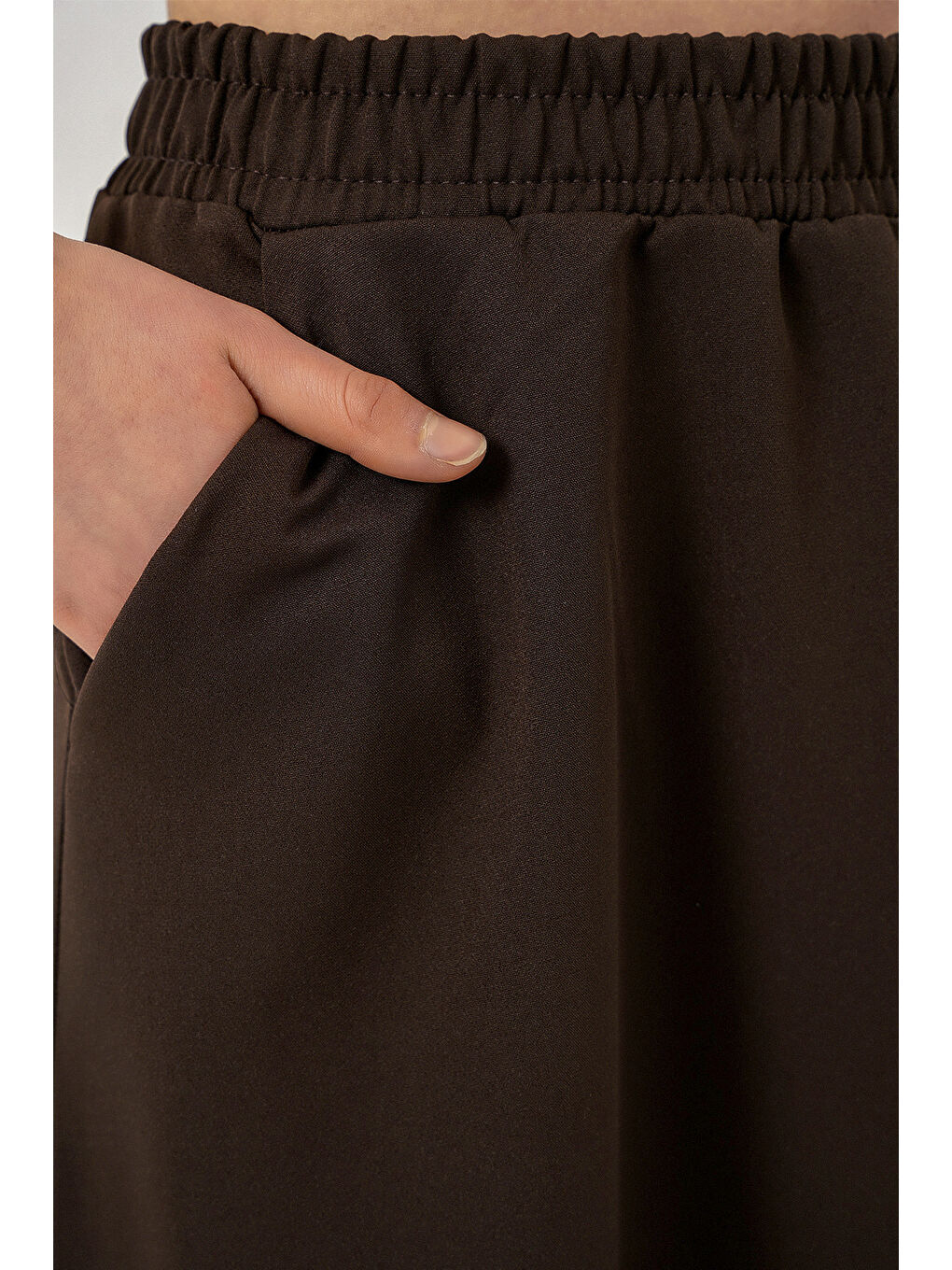 Kadın Beli Lastikli Uzun Etek 8072 - Kahverengi-4