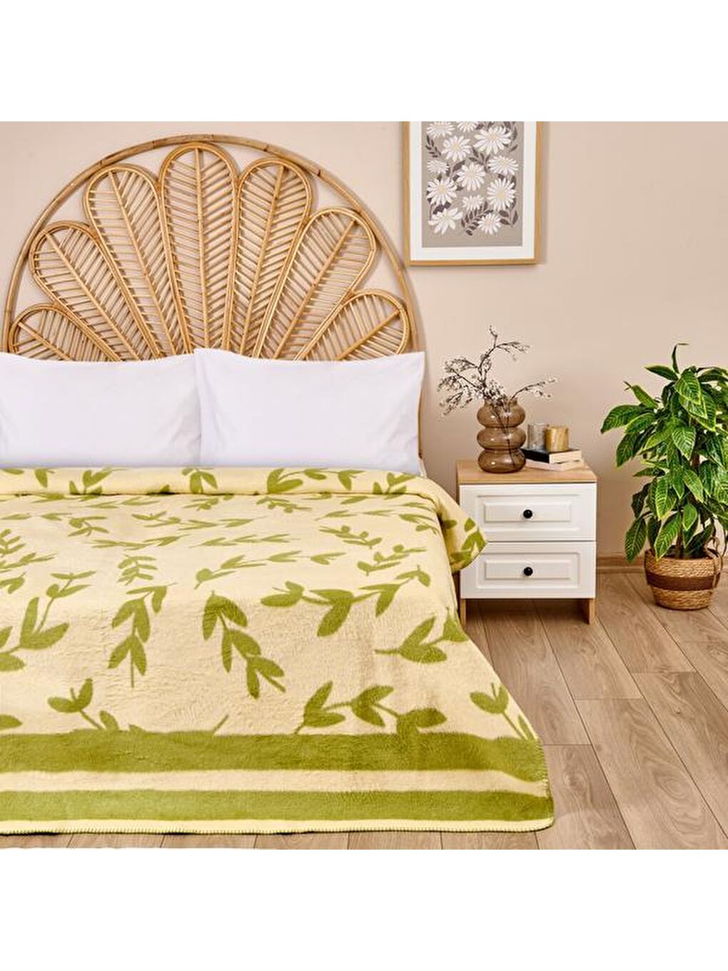Lila Soft Folio Pamuklu Tek Kişilik Battaniye - Ekru / Yeşil - 150x200 cm