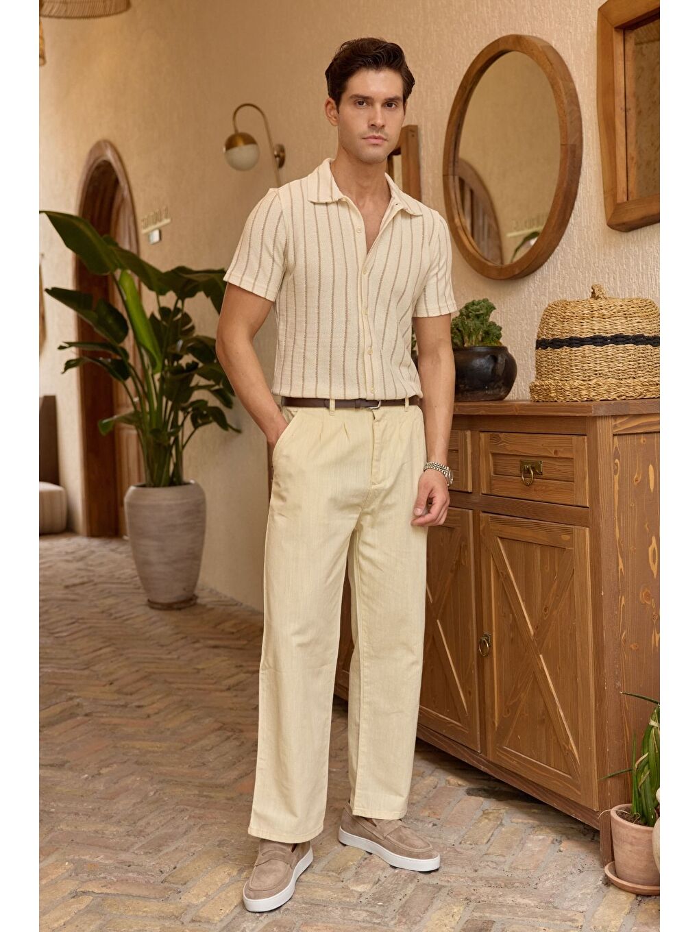 Bej Boso Erkek Çift Pileli Keten Baggy Pantolon-5