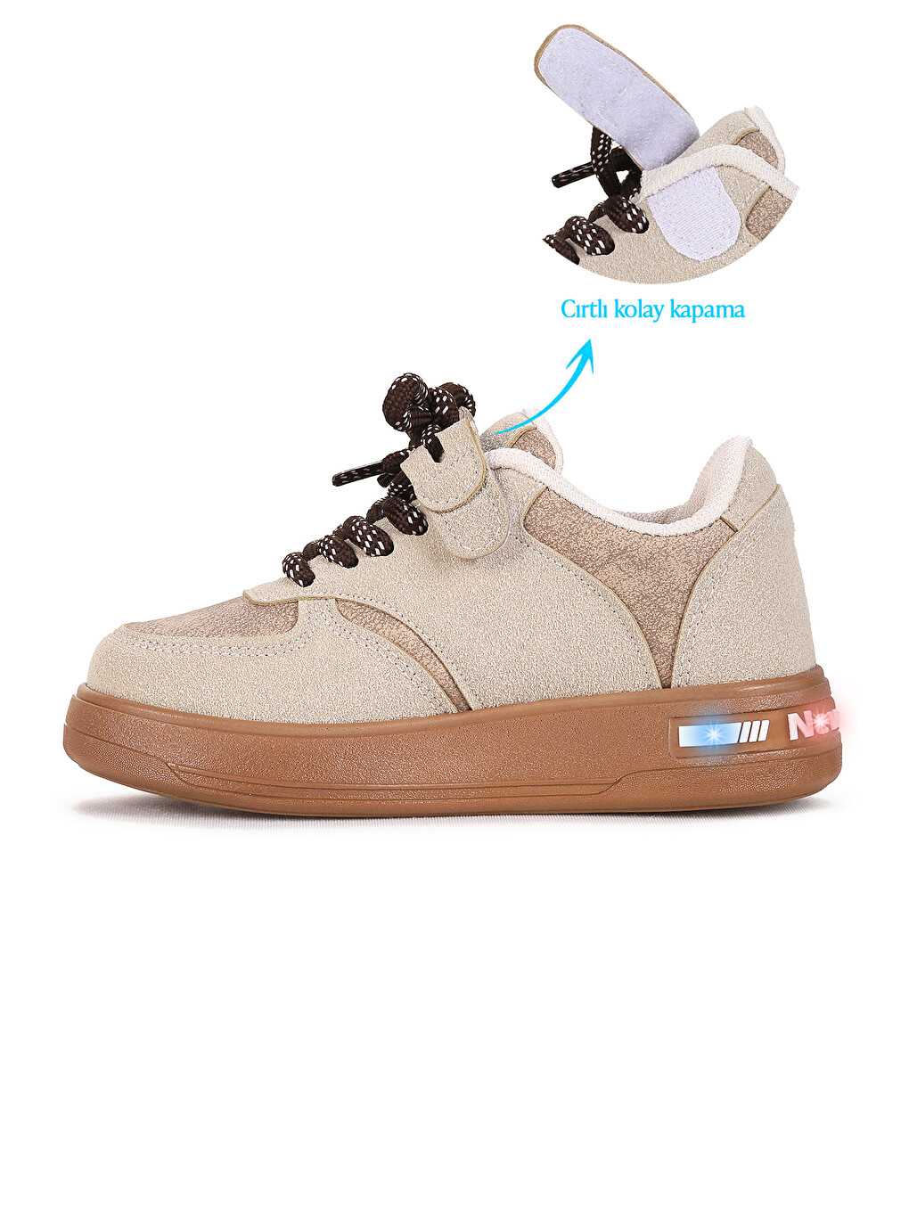 Bej Lacer Cırtlı Bağcıklı Işıklı Erkek Çocuk Spor Ayakkabı-5