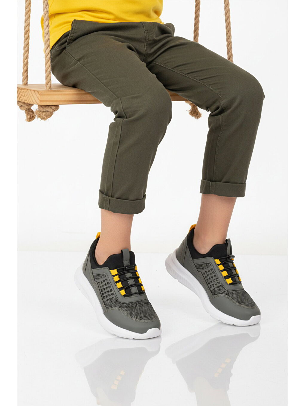 Haki Sarı Fileli Hafif Esnek Unisex Çocuk Spor Ayakkabı 9060 Motano F-1