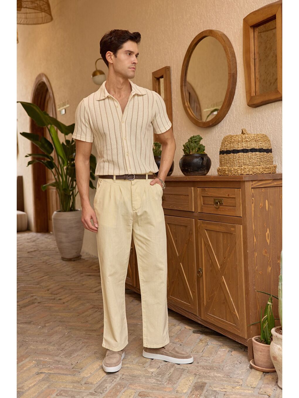 Bej Boso Erkek Çift Pileli Keten Baggy Pantolon-6