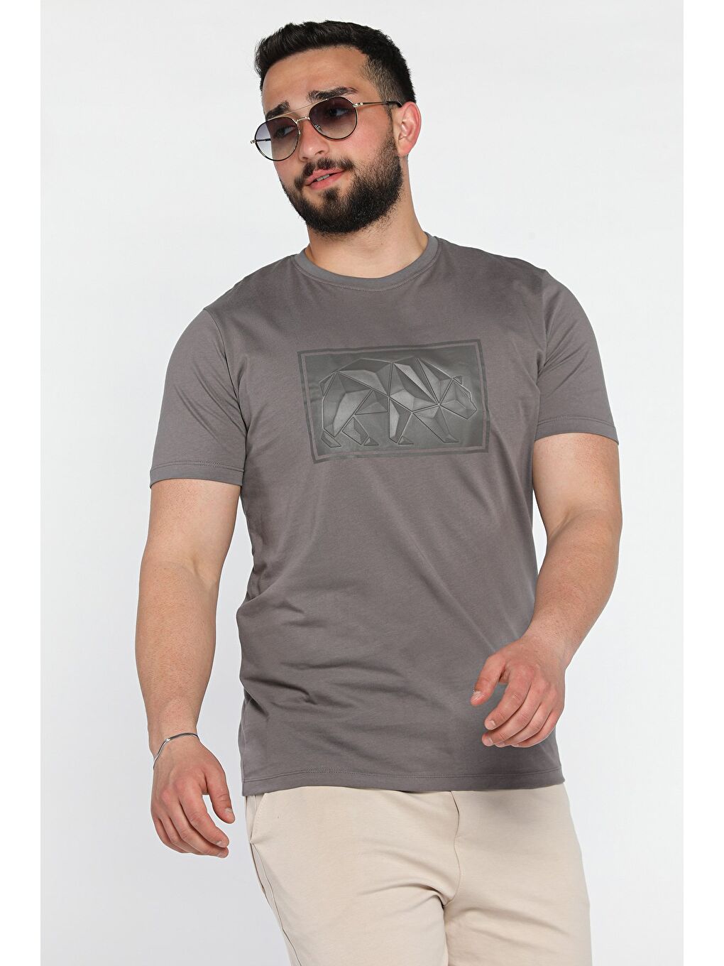 Gri Erkek Bisiklet Yaka Baskılı Tişört-1