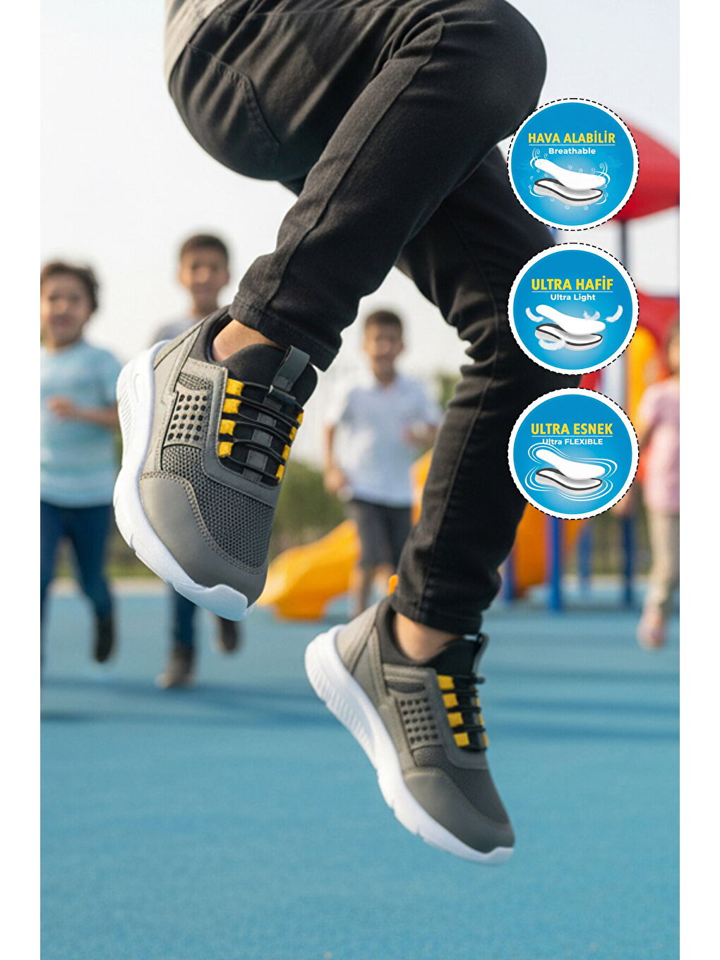 Haki Sarı Fileli Hafif Esnek Unisex Çocuk Spor Ayakkabı 9060 Motano F-2