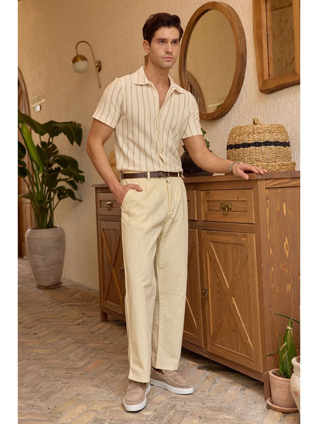 Bej Boso Erkek Çift Pileli Keten Baggy Pantolon-7