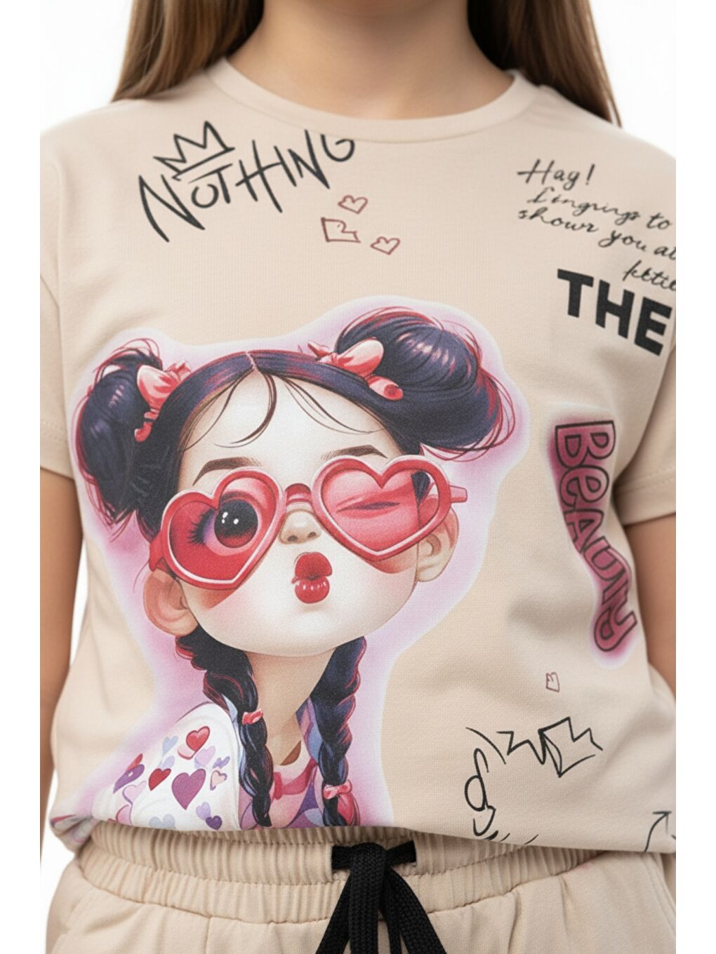 Bej Kız Çocuk 2'li Şortlu Takım Bisiklet Yaka Kısa Kollu Baskılı Tişört - Beli Lastikli Bağlamalı Cepli-2