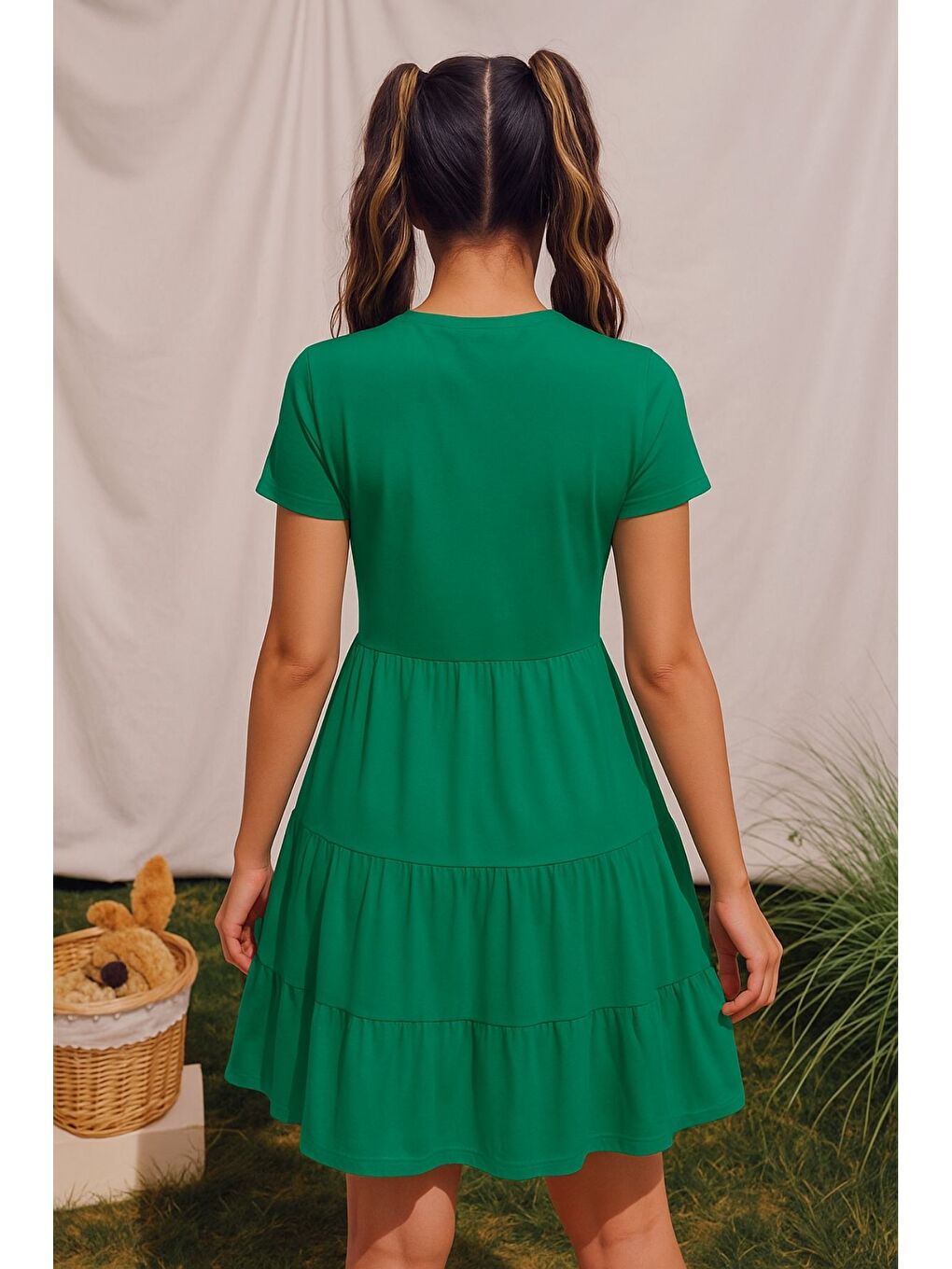 Koyu Yeşil Bisiklet Yaka Düz Kısa Kollu Fırfırlı Penye Elbise-1
