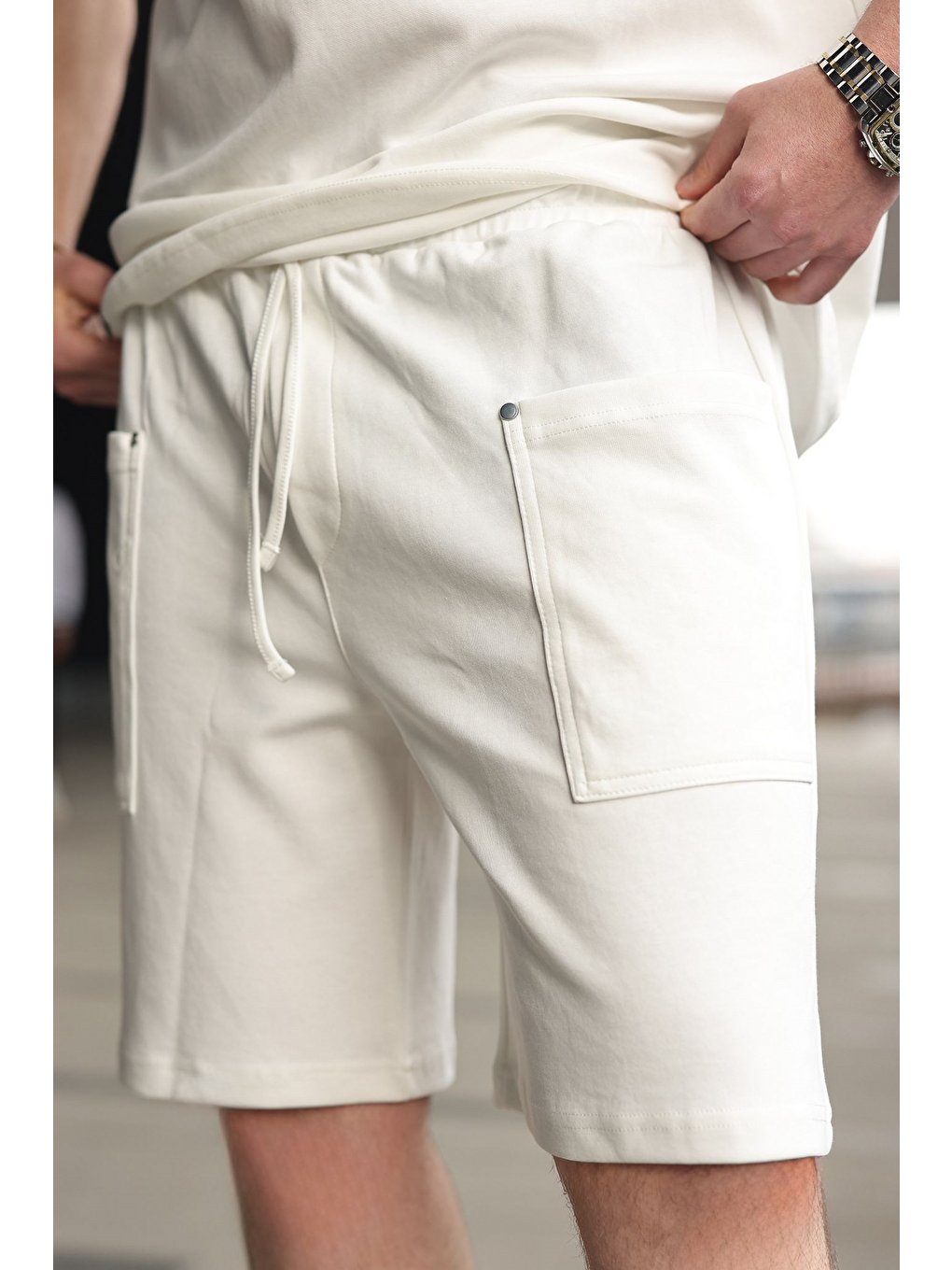 Ekru Bisiklet Yaka Oversize Erkek Şort T-Shirt Takım E7355-4