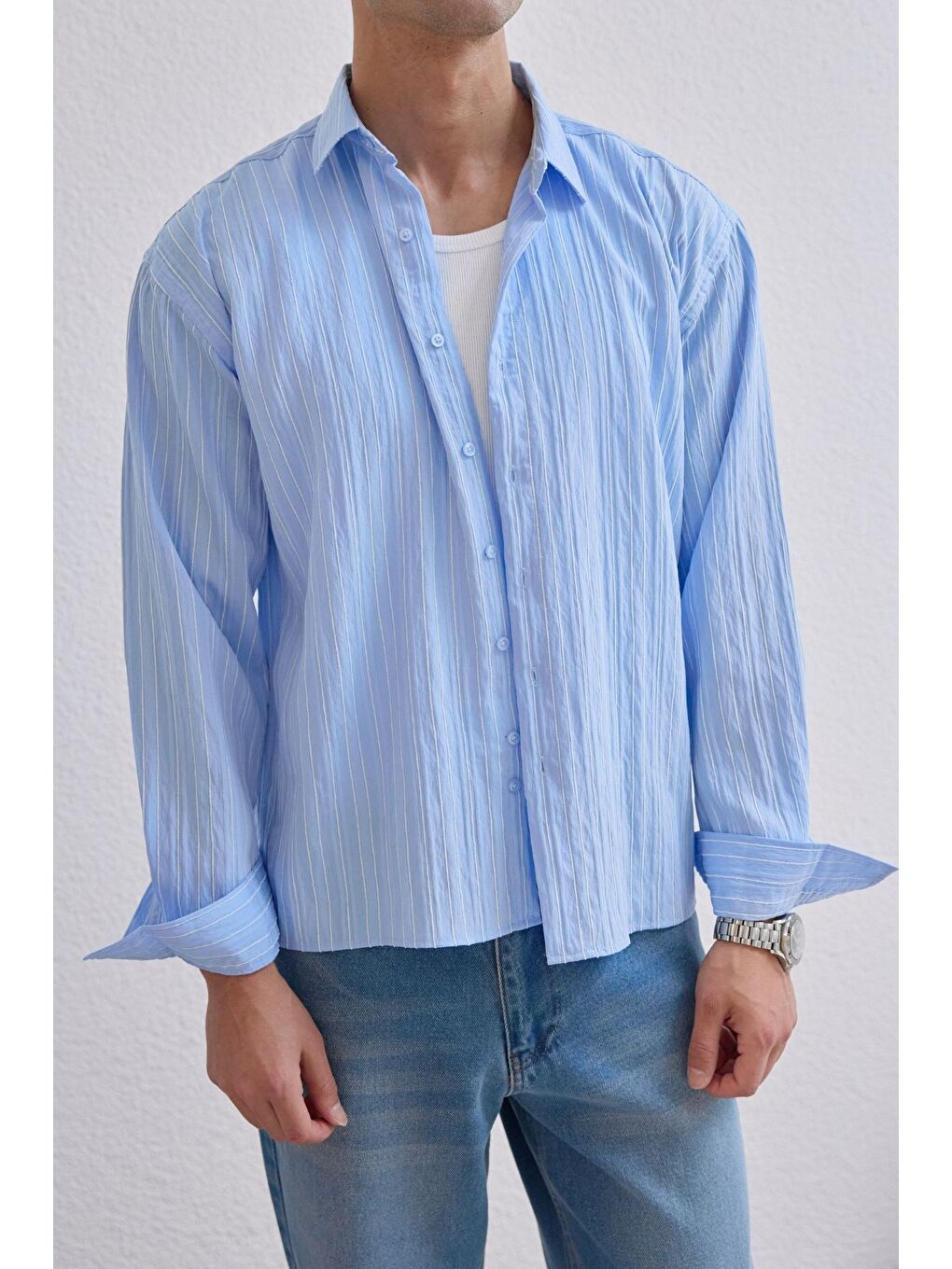 Mavi Tugur Erkek Çizgili Oversize Premium Gömlek Soft Touch Refined Comfort-1
