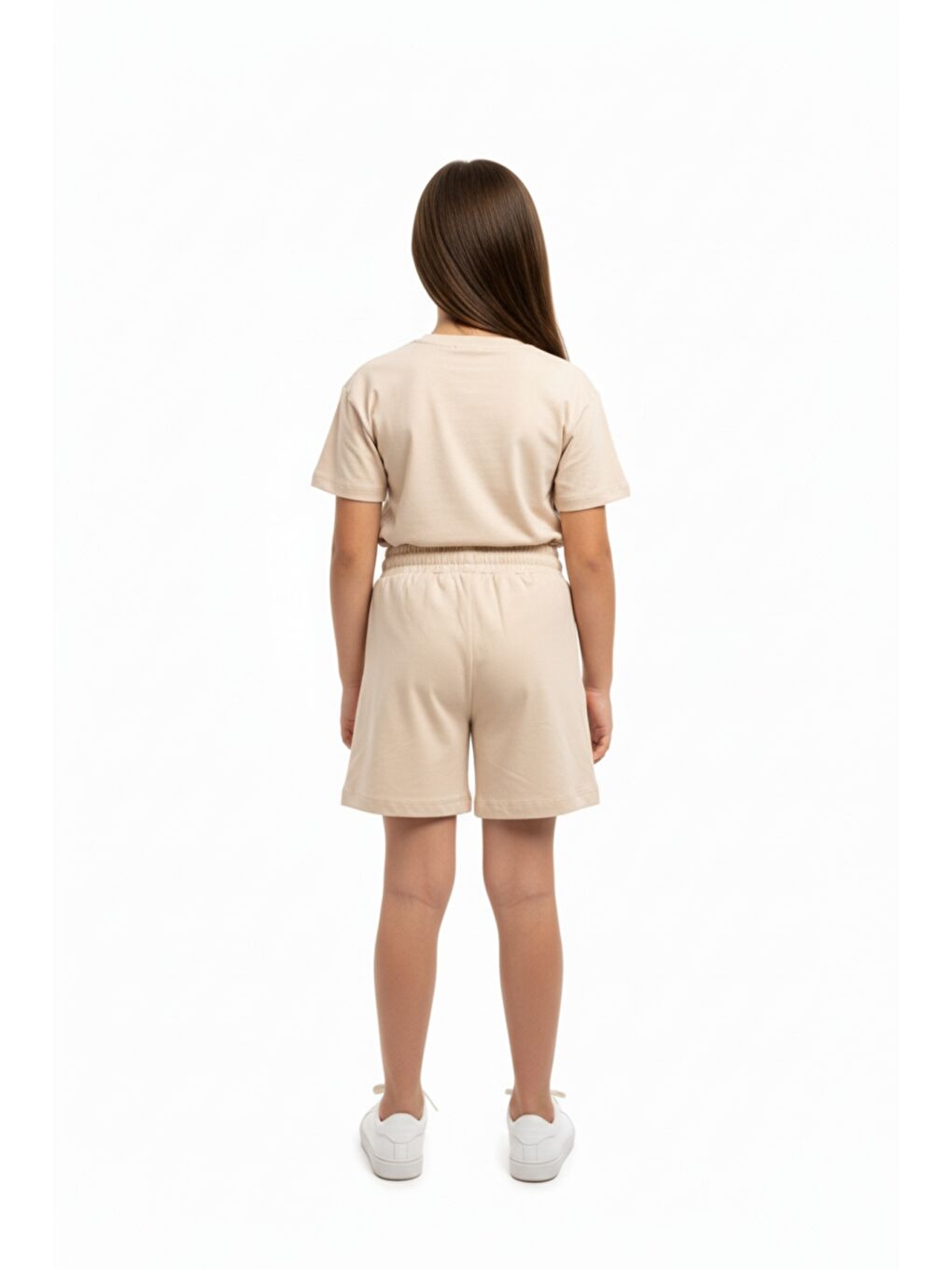 Bej Kız Çocuk 2'li Şortlu Takım Bisiklet Yaka Kısa Kollu Baskılı Tişört - Beli Lastikli Bağlamalı Cepli-3