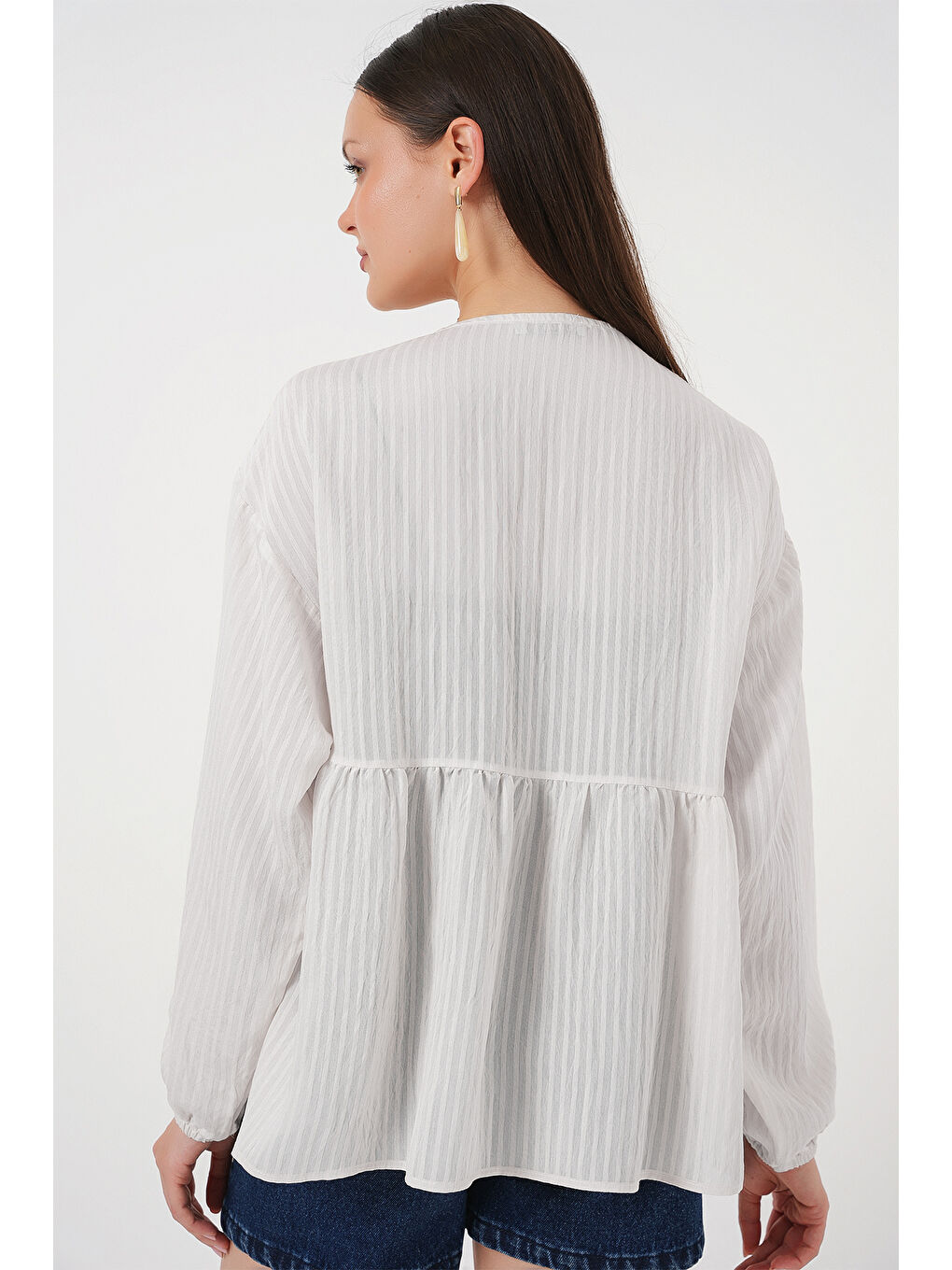 Kadın Önü Bağcıklı Uzun Kol Bluz 946 - Ekru-2