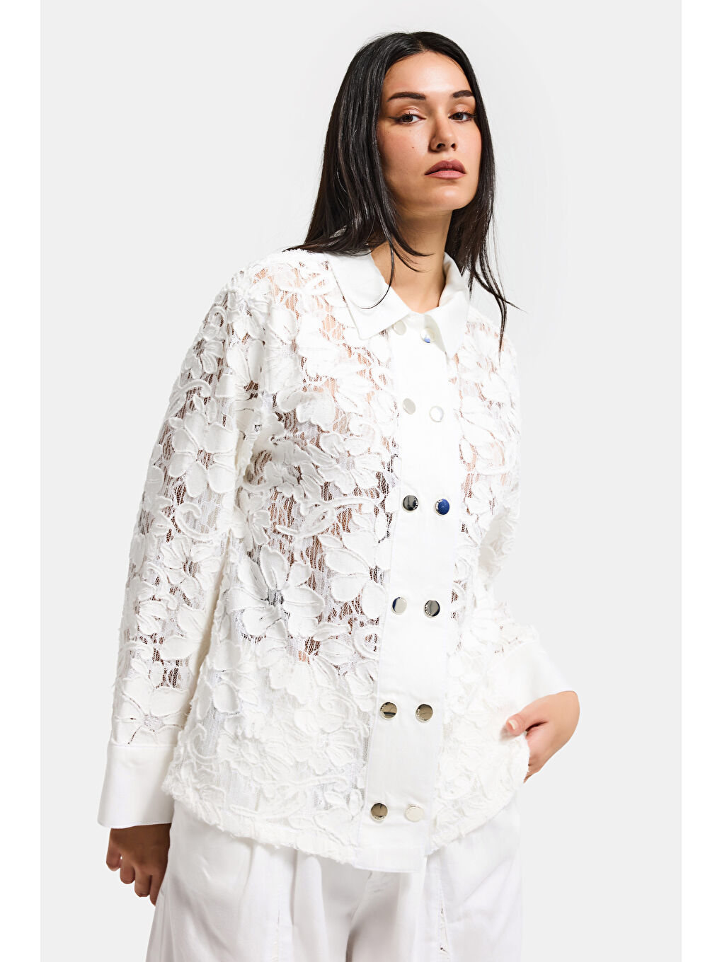 Kadın Beyaz 7s6-2 Oversize Dantel Nakış Çiçek Detaylı Özel Tasarım Denim Ceket-6