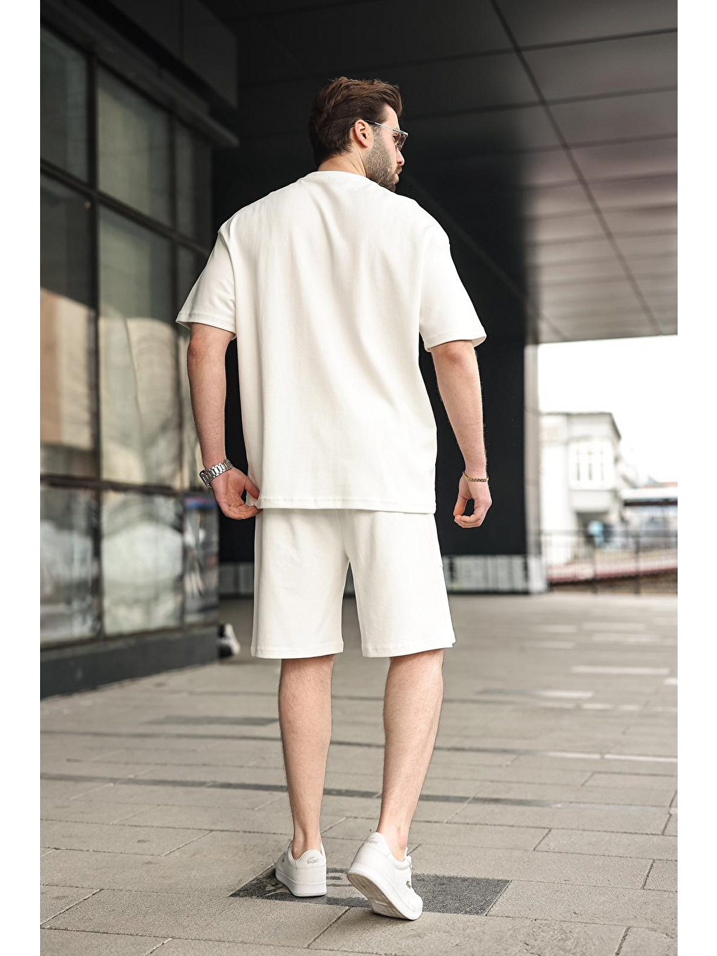 Ekru Bisiklet Yaka Oversize Erkek Şort T-Shirt Takım E7355-5