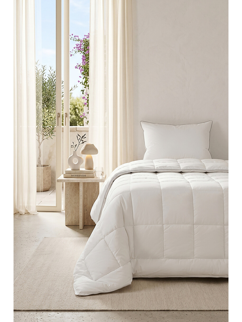 Beyaz 2'li Pamuk Saten Biyeli Mikrojel Tek Kişilik Yastık Yorgan Seti 1 Adet 155 x 215 / 1 Adet 50 x 70 cm-2