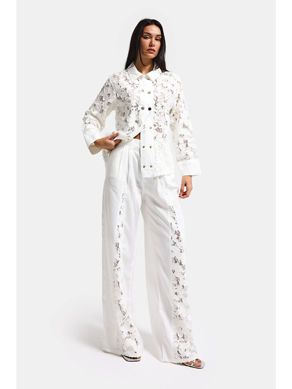 Kadın Beyaz 6s6-2 Wide Leg Dantel Nakış Detaylı Özel Tasarım Denim Jean-6