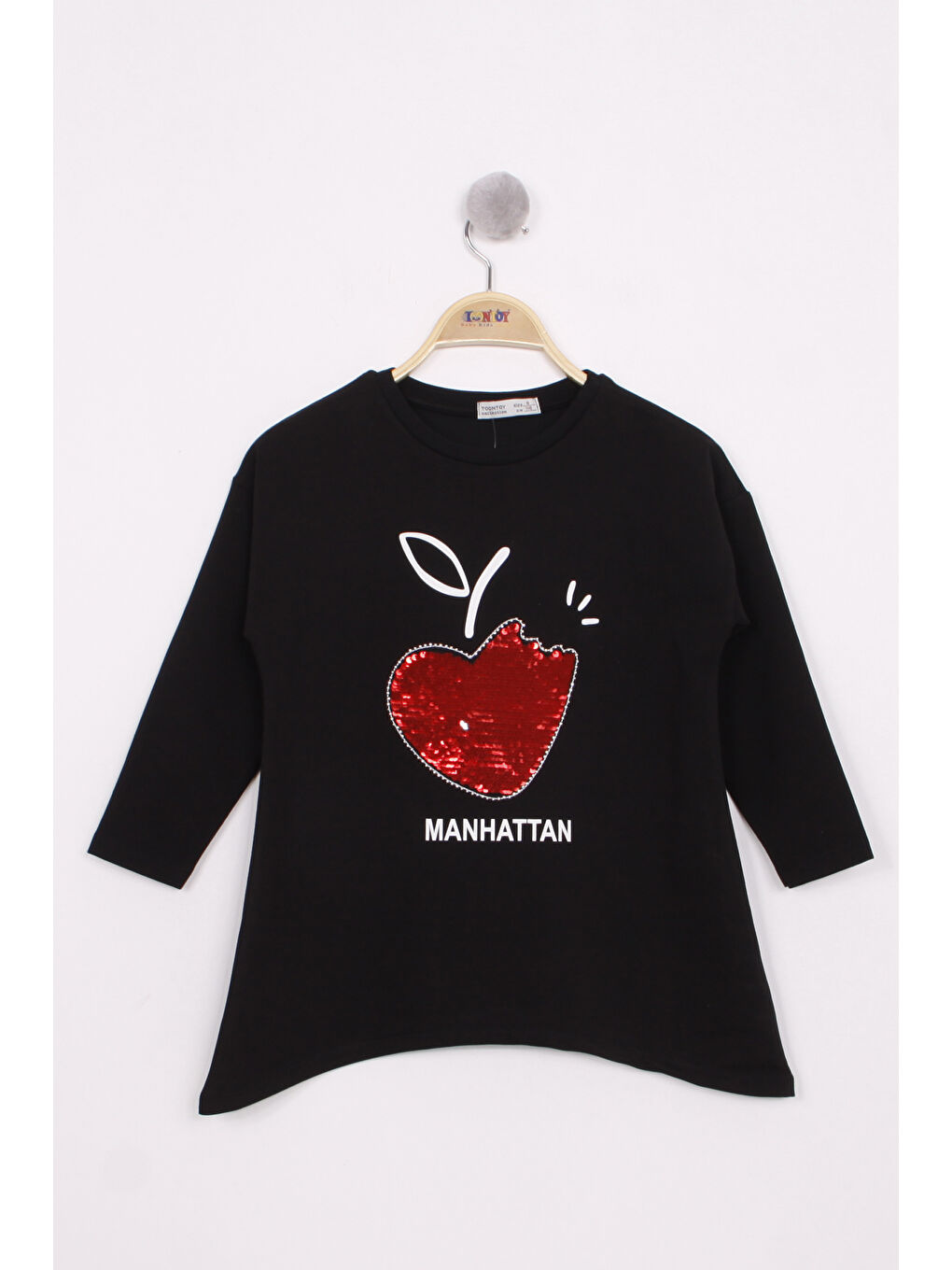 Siyah Kız Çocuk Pullu Kalp Nakışlı Tişört