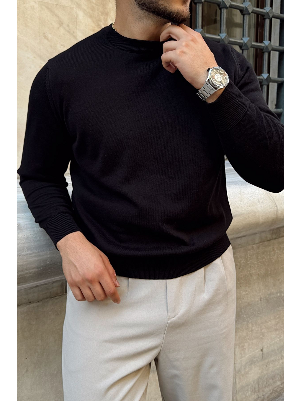 Siyah Acton Erkek %100 Organik Pamuk Bisiklet Yaka Triko Kazak