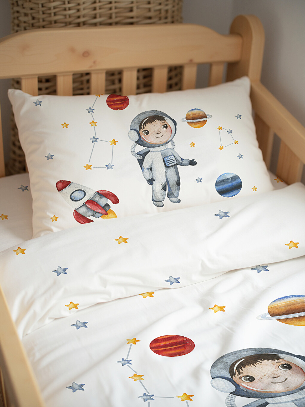 Karışık Uzay ve Gezegen,Astronot Desenli Bebek Nevresim Takımı Çift Taraflı 100x150 cm Çarşafsız-1