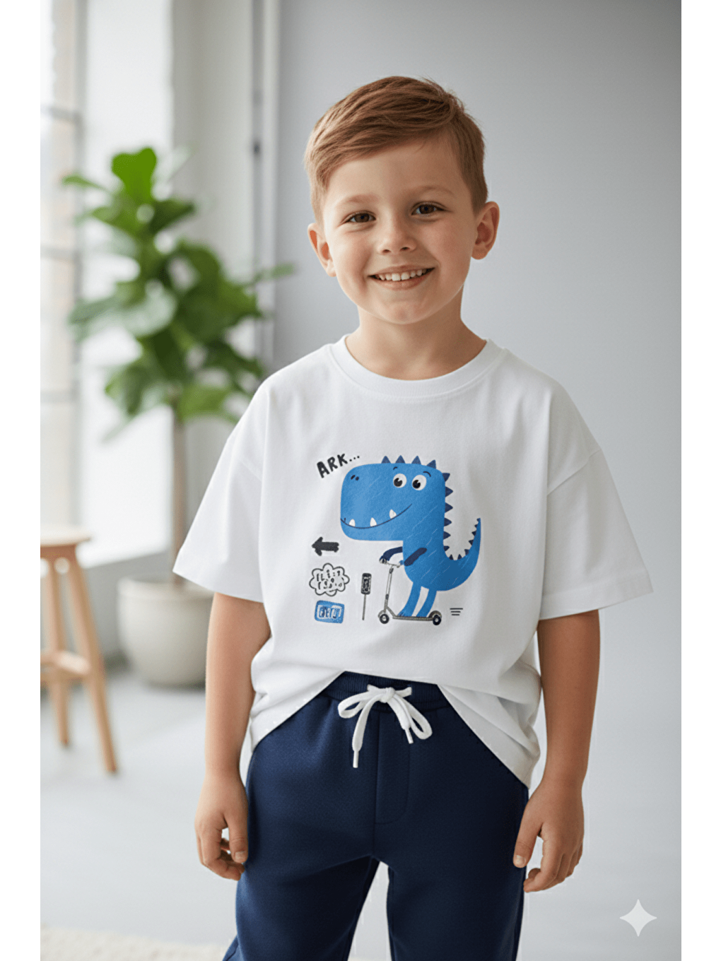 Antrasit Erkek Çocuk Dinozor Baskılı Pamuklu Bisiklet Yaka Altüst Takım