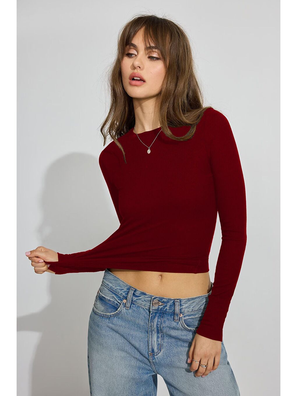 Bordo Bisiklet Yaka Slim Fit Kadın Body Mg2564