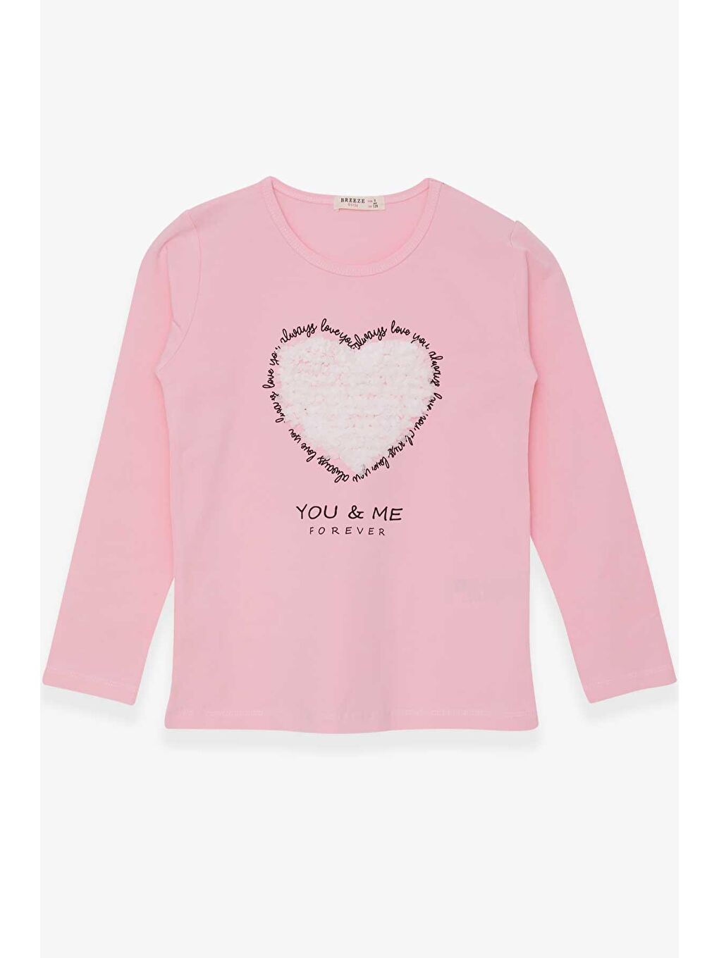 Pembe Kız Çocuk Uzun Kollu Tişört Kalpli Tül Nakışlı Pudra (9-11 Yaş)