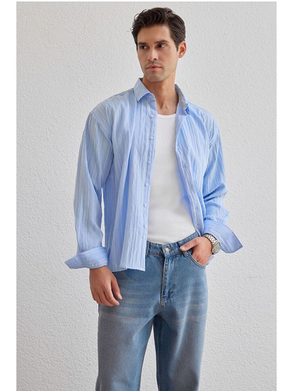 Mavi Tugur Erkek Çizgili Oversize Premium Gömlek Soft Touch Refined Comfort-9