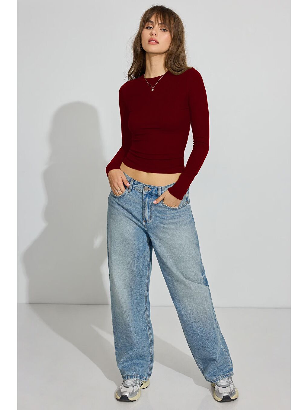 Bordo Bisiklet Yaka Slim Fit Kadın Body Mg2564-2