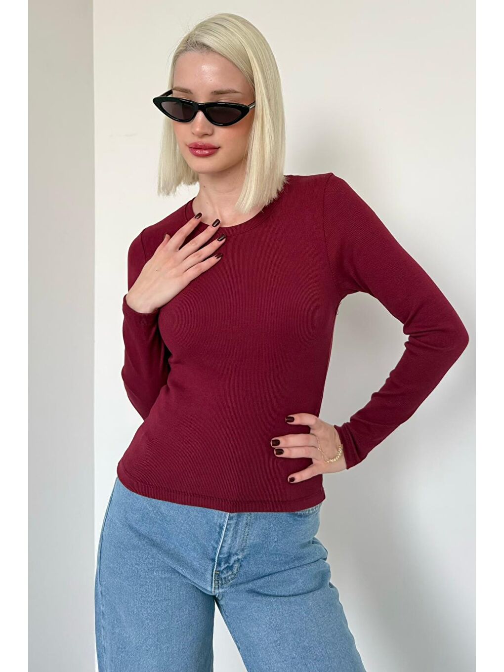 Bordo Bisiklet Yaka Slim Fit Kadın Body Mg2564-3