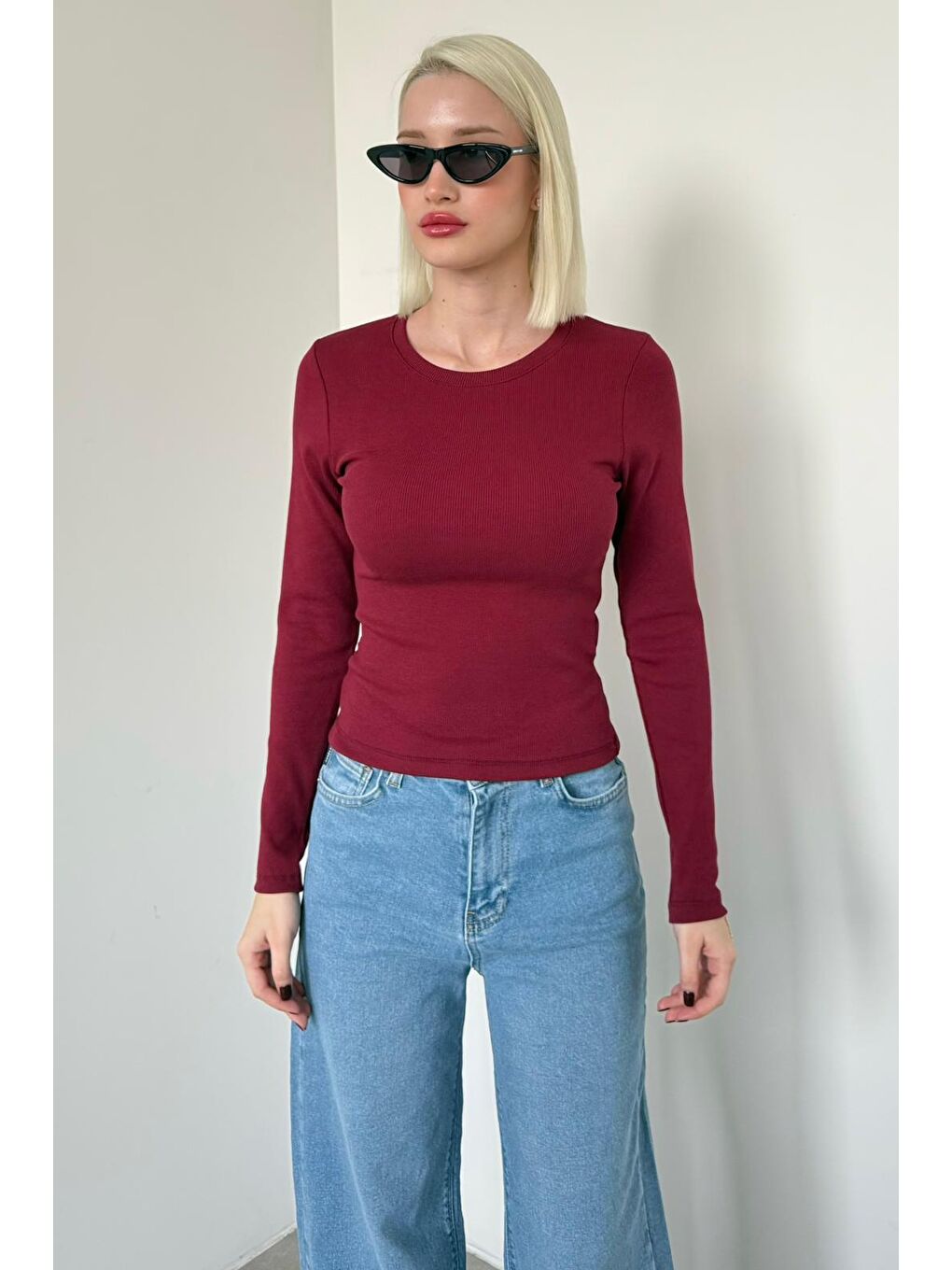 Bordo Bisiklet Yaka Slim Fit Kadın Body Mg2564-4