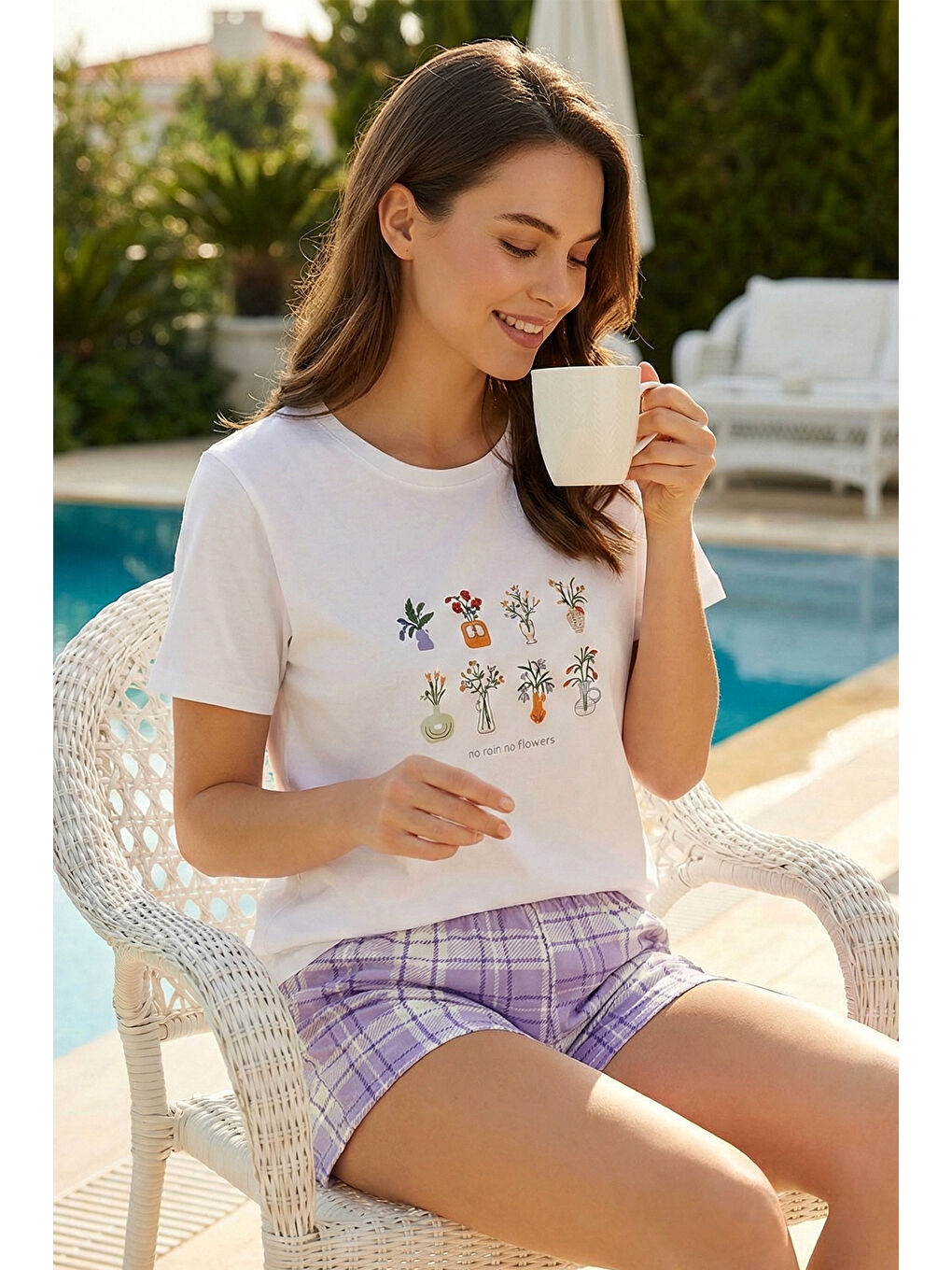 Kadın Kısa Kol Suprem Kumaş Şortlu Pijama Takımı 90782-3328 Beyaz01