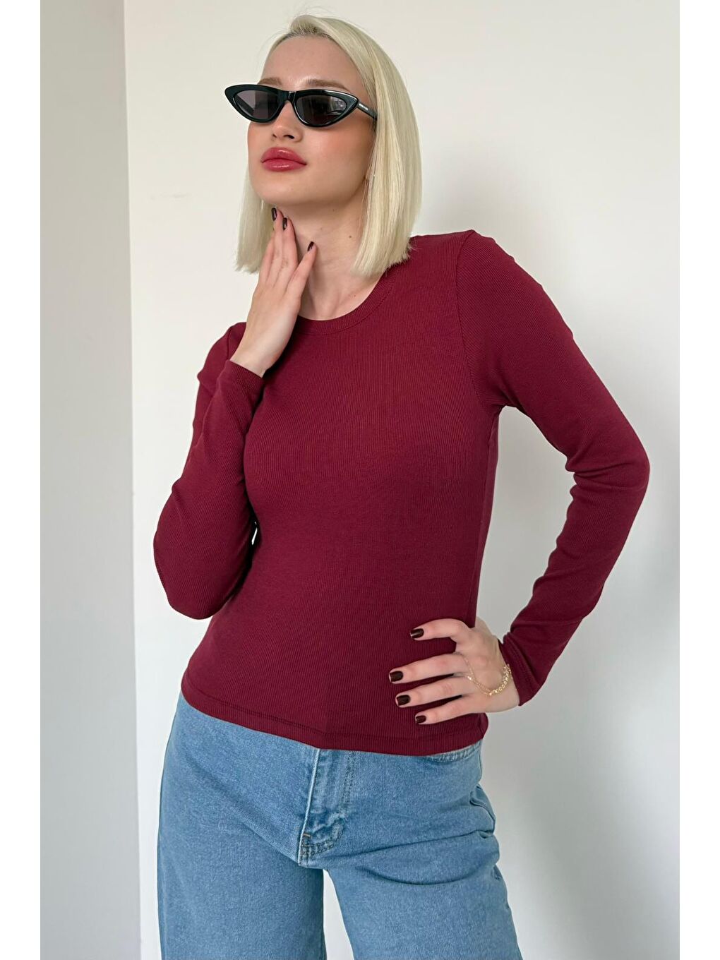 Bordo Bisiklet Yaka Slim Fit Kadın Body Mg2564-5